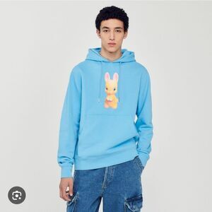 $340 Sandro Rabbit print blue hoodie sweatshirt NWT Small